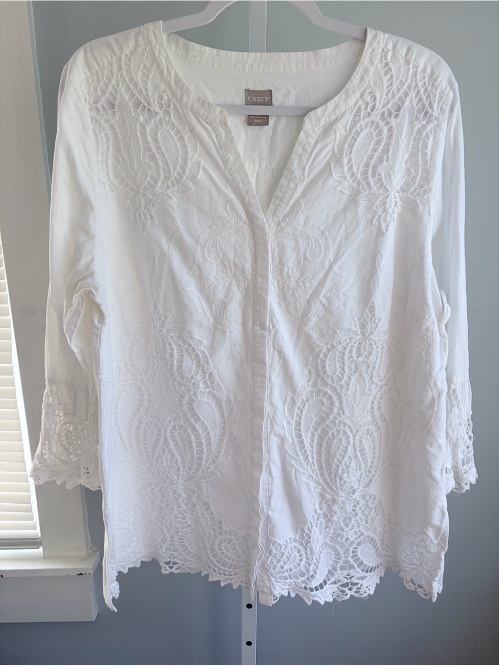 Chico's White Embroidered Lace Cotton Tunic Top Boho Size 3 (L/XL)
